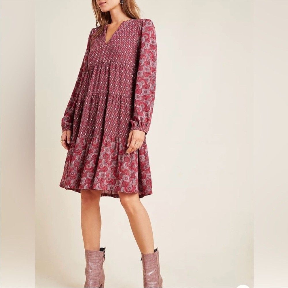Anthropologie Maeve Amber Red Boho Long Sleeve Tiered Mini Dress Size XS